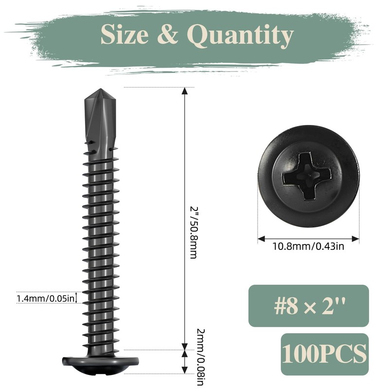 GOHODOMINO #8×2" Sheet Metal Screws 100Pcs 410 Stainless Steel Truss