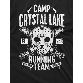 Crystal Lake Running Team T-Shirt Mens Horror Jason Mask Tee Shirt Classic Movie Tee (X-Large Black)