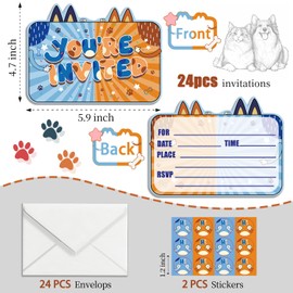 TYHJOY 24 Pcs Cartoon Dog Birthday Party Invitations with Envelopes and Stickers, Cartoon Blue Dog-themed Birthday Invitations Boys Girls for Puppy Birthday Party Decorations Supplies