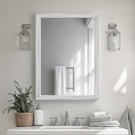 Ultrue White Wood Effect Framed Wall Mirror, 24x32 Rectangle Mirror, 1/8" Anti-desilvering Tempered Glass, Sustainable& Sturdy Frame, Anti-Rust, HD Reflection &3min Fast Setup for Bathroom Living Room