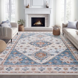 Roxstand Washable Rugs 8x10, Ultra-Thin Non-Slip 8x10 Area Rugs for Living Room, Soft Vintage Large Area Rug, Foldable Farmhouse Bedroom, Dining Room Rug (Blue/Beige, 8'x10')