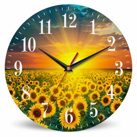 Mxocom Sunflowers Field Wall Clock Sunrise Golden Yellow Sunflower Blooming Bright Sunlight 10 Inch Silent Non Ticking Battery Operated clock Vintage Round clock for living room Bedroom Bathroom decor