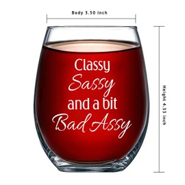 Panvola Classy, Sassy and a Bit Bad Assy Sarcastic Gifts Motivational Gift For Friends Coworker Stemless Wine Glass Clear Glasses For Red White Wine 17 oz