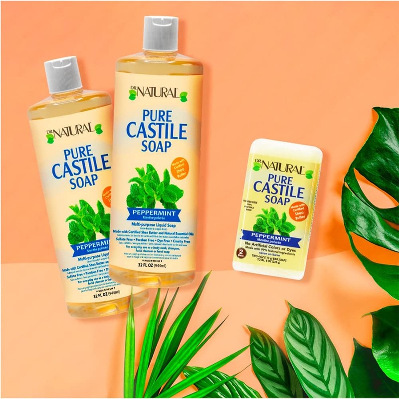 Dr. Natural Castile Liquid Soap, Peppermint, 32 oz - Plant-Based