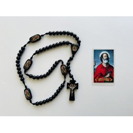 "Sombra de San Pedro" Tarjeta Laminada y Rosario Negro de Madera Hecho a Mano con Imagenes de La Virgen de Guadalupe