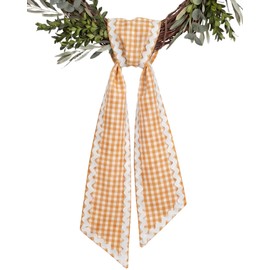 Orange Gingham Wreath Sash for Front Door with Scalloped RIC Rac Trim, 4.5 x 56 Inch Orange Wreath Ribbon for Fall Halloween Thanksgiving Farmhouse Home Decor