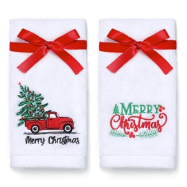 NEWLIGHTURE Christmas Hand Towels 100% Cotton, Embroidered Truck Merry Christmas Tree Design, Bathroom Kitchen Dish Towels Christmas Decor Gift 14x29 Inch Set of 2
