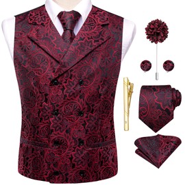 Hi-Tie Mens Silk Floral Victorian Vests Red Black Suit Vest and Tie Set Lapel Pin Gold Tie Clip Double Breasted Steampunk Tuxedo Waistcoat
