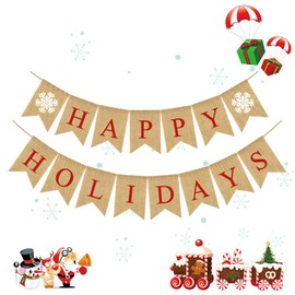 NUOBESTY Happy Holidays Banner Burlap Christmas Banner Burlap Christmas Tree Bunting Garland Decoration Xmas Holiday Party Supplies Favors