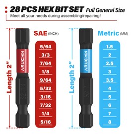 ARUCMIN Allen Wrench Drill Bit Set, 20-Piece Hex Bit Set Metric and SAE S2 Steel with Magnetic Tips 1/4 Hex-shank 2" Impact