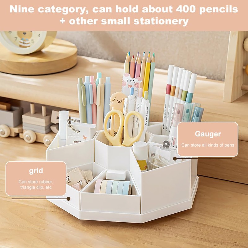 Lvjkes Rotating Pen Holder, 9 Compartments, Large Capacity Desk Organiser,