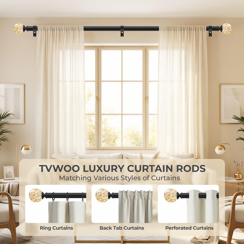 Black Decorative Crystal Curtain Rods,Heavy Duty Adjust 18-45",2 Pack