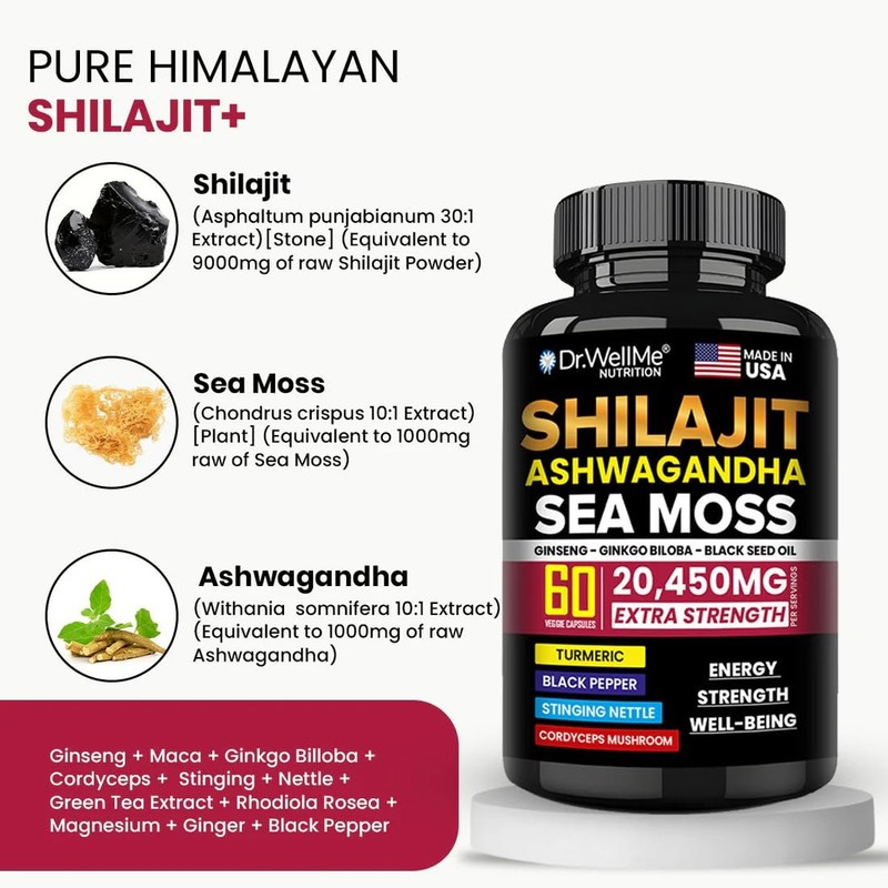 Dr.WellMe Shilajit Ashwagandha Sea Moss with Ginseng, Ginkgo Biloba &