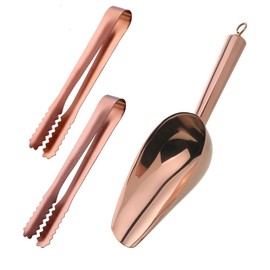 Stainless Steel Ice Scoop and Ice Tongs Small,Set of 3 Round Bottom Bar Ice Utility Scoop, 6 Inches Serving Tongs with Teeth for Large Cubes, Freezer, Ice Bucket，Beach, Party, Bar (Rose Gold)