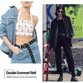 Double Grommet Belt PU Leather Punk Belt for Women Men Jeans 2 Hole Belts by JASGOOD, Suit for Pant Below 34 Inches, A-Black