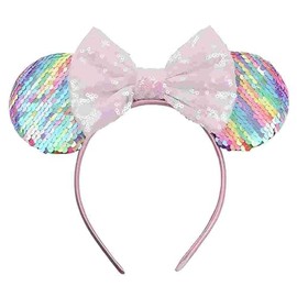 EGSHUFU Mouse Ears Headband, Mouse Ears Gift for Women Girls, Sequin Bow Headband Role Play Accessories Party Decorations(Rainbow)