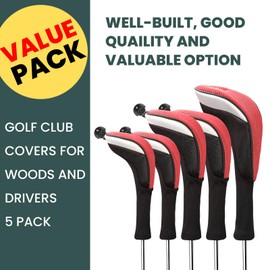 FINGER TEN Golf Club Head Covers for Woods Long Cover Driver Hybrid Fairway, Headcovers with Interchangeable No. Tag Novelty Durable Fit Woods Clubs (Red-5 pack (1 Driver& 2 Fairway&2 Hybrid))