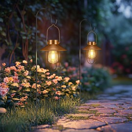 pearlstar 2 Pack Solar Lights Outdoor, Hanging Solar Lanterns with Edison Bulb and 2 x 32 Inch Shepherd Hooks, Waterproof Landscape Lighting for Garden Patio Yard Pathway Driveway Lawn (Copper)