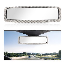 YTFRL Car Bling Rear View Mirror, Sparkly HD Glass Crystal Diamond Studded Rhinestone Rearview Mirror, Decorative Rearview Mirrors for Women, Teens, Girls, Universal Car Accessories (White)