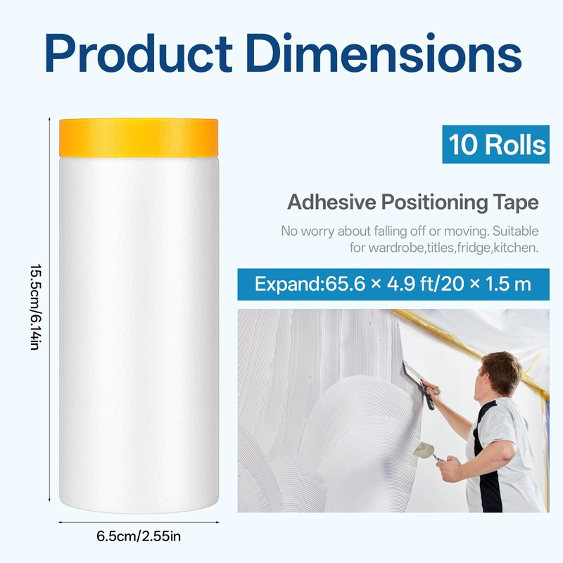 10 Rolls Painters Plastic with Tape Pre-Taped Masking Film 5Ft
