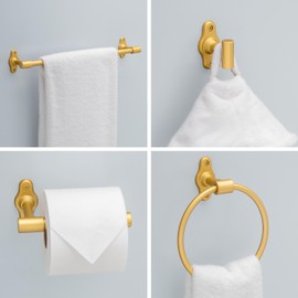 Franklin Brass Calloway (4-Pack) Bathroom Set Satin Gold 18" + 6" Towel Rack, Toilet Paper Holder, Hand Towel Holder, Towel Hook | 4-Piece Bath Hardware Accessories Set CLWY64-SG