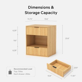 EYYTHUNG Fluted Nightstands with 2 Drawers and Open Shelves, 19.6" Modern Side Table, Large End Tables Bed Night Stand for Bedroom Living Room Sofa, Natural Oak