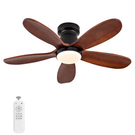 KENSID 36 Inch Flush Mount Ceiling Fans with Lights and Remote, Dimmable, 5 Blades Wood Ceiling Fan with Light, Low Profile Outdoor Indoor Modern Ceiling Fan for Bedroom Patio (Black Walnut)