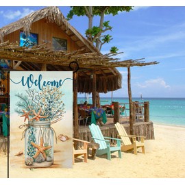 Summer Beach Garden Flag 12x18 Vertical Double Sided for Outside, Starfish Coastal Burlap Yard Flag for Outdoor Decorations BW324