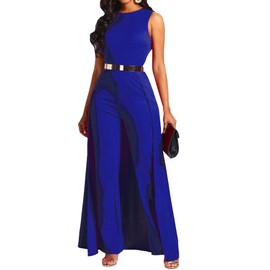 VERWIN Patchwork Overlay Embellished Plain Women's Jumpsuit High-Waist Woman Romper (X-Large, Blue)