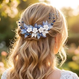 Unicra- Enredadera para el cabello de novia con forma de mariposa, accesorio para el cabello de novia con perla azul, accesorios plateados para el cabello con diamantes de imitación