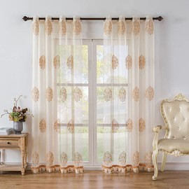 ELKCA Embroidered Sheer Curtains with Beads for Bedroom Window Tulle Curtain for Living Room,52inchX96inch,Grommet Top,2 Panels