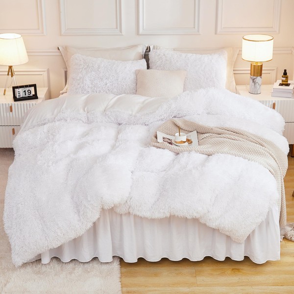 Andency Faux Fur White Comforter King Size, 3 Pieces Fluffy