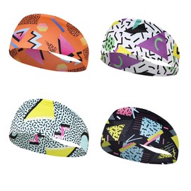 Hinapan Pack of 4 Vintage Headbands 80s 90s Headscarves Retro Print Neon Bandana Headband for Men and Women Hip-Hop Party Cycling