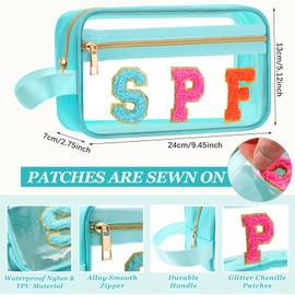Pinkunn Chenille Letter Bag Clear Makeup Pouch Cute Preppy Letter Patch Cosmetic Bag with Zipper Small Nylon Waterproof Portable Travel Purse Toiletry Organizer for Appreciation Gift (Teal,Spf)