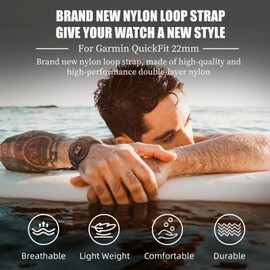 RoYiio Nylon Watch Band for Garmin Fēnix/Epix/Quatix/MARQ Series/Descent Series, Comfortable Breathable, Sport Wristband Replacement Strap for QuickFit 22 mm - Blue Orange