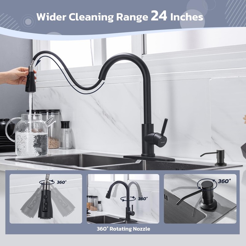 WEWE Black Kitchen Faucet with Soap Dispenser, Kitchen Sink Faucet