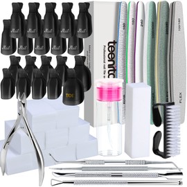Gel Nail Polish Remover Kit, Teenitor Nail File and Buffer Set with Nail Remover Wraps Cuticle Nippers Cuticle Pusher Cuticle Peeler Toenail Lifter, Soak off Nail Clip Set for Toe Manicure, Black