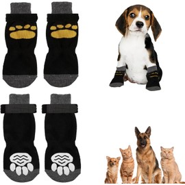 Anti Slip Dog Socks, Dog Paw Protectors 2 Pairs Paws Stop Licking Claw Grip Socks Boots Shoes Cat Slippers Adjustable Strap Bandage for Pet Puppy Indoor Outdoor Hardwood Floor Walking, L