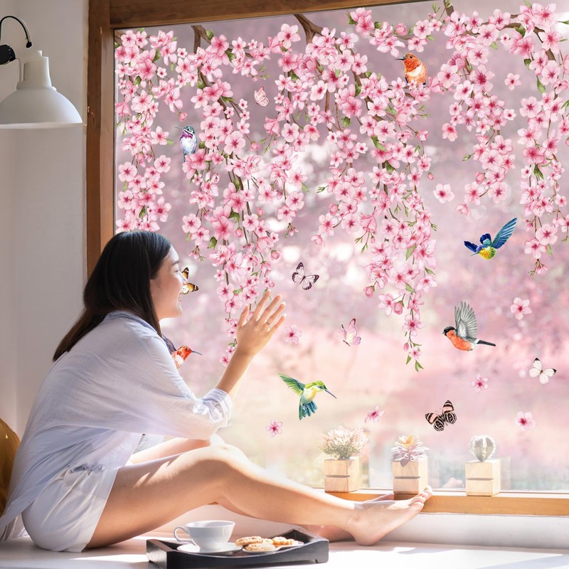 Whaline 9 Sheets Cherry Blossom Floral Window Clings Spring Glass