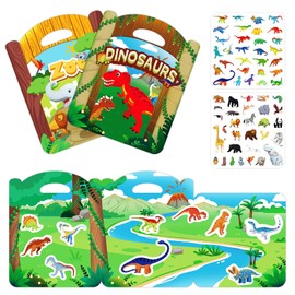 Sticker Books for Kids 2-4, 60pcs Reusable Jelly Stickers for Kids Toddlers 2 3 4 Animal Dinosaur Sticker Book for Car Airplane Travel Church Holiday Activities Toy (Animals + Dinosaurs)