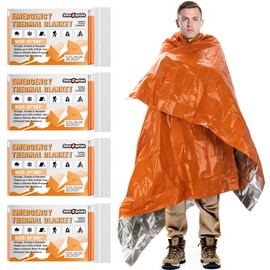 SecuCaptain Survival Emergency Thermal Blankets: Thicken 28um Space Mylar Blanket Kit for Outdoor Cold Winter Camping, Hiking, Car Bug Out Bag, or First Aid - Orange 4 Pack