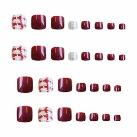 MERVF Press on Toenails for Women Red Acrylic Fake Glitter Toe Nails Checkered Design Summer DIY Supplies Manicure Glossy 24pcs