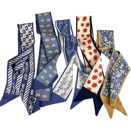 Bufanda de seda retro pequeña para niña, corazón de primavera y verano, cinta estrecha, diadema, bolsa de decoración, bufanda larga, Banda de pelo azul 5 piezas, L