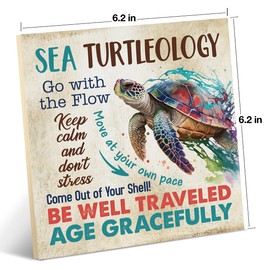 Beach House Decor Sea Turtle Beach Sign Wood Plaque Tabletop Signs Decorative Desk Wall Home Beach House Decor 6.2 X 6.2 Inches