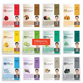 DERMAL Korea - Surtido de 12 Mascarillas faciales. Mascaras Coreanas en tela hidratante con Colágeno y Vitamina E - 12 PACK