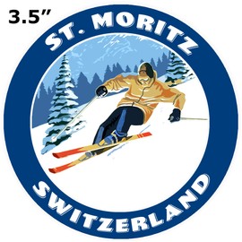 St. Moritz, Switzerland Skiing Resort Spots Yellow Skiier Decorative Car Truck Window Sticker Decal Vinyl Die-Cut Badge Emblem Vacation Souvenir Travel Gear