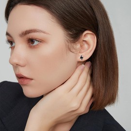 Lightning Bolt Earrings Stud Sterling Silver Black Flash Thunder Silver Earrings for Men Women