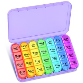 Pill Box 4 Times a Day, Betife Weekly Pill Box Organisers, 7 Day Tablet Organiser, Daily Pill Dispenser 7 Day 4 Compartments, Tablet Box for Medication, Vitamins and Supplements (Purple)
