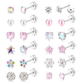 JeweBella 12/14Pairs Flat Back Earrings Stud Earrings for Women Girls Kids Surgical Steel Hypoallergenic Earrings Pearl Flower Heart CZ Cute Pink Earrings Set Screw Back Earrings Sleeper Earrings 20G