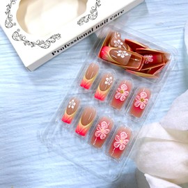 Flower Press on Nails Medium Square French 3D Pink Gradient False Nails Gold Rhinestones Design Full Cover Coffin Nails Acrylic Artificial Nails French Stick on Nails DIY Glue on Nails for Women